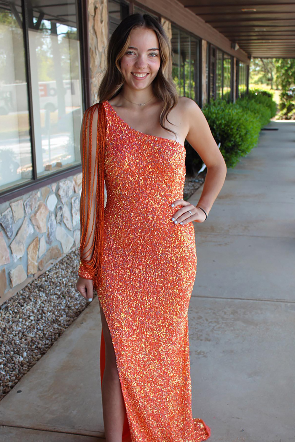 Sparkly Orange Mermaid One Shoulder Sequin Long Prom Dress