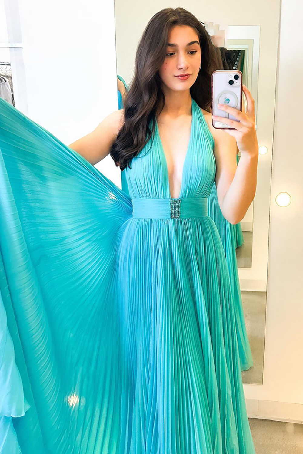 Turquoise Halter V-neck Pleated Long Prom Dress with Beading
