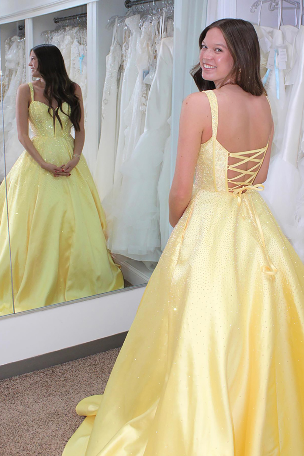 Sparkly Yellow Princess Spaghetti Straps Beaded Long Corset Prom Dress