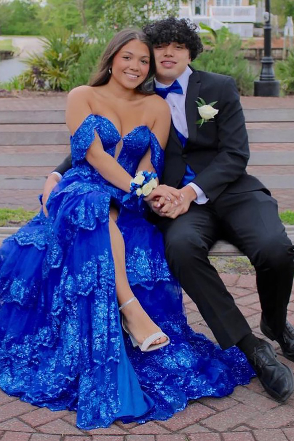 Sparkly Royal Blue Sequin Princess Off The Shoulder Tulle Tiered Long Corset Prom Dress with Slit