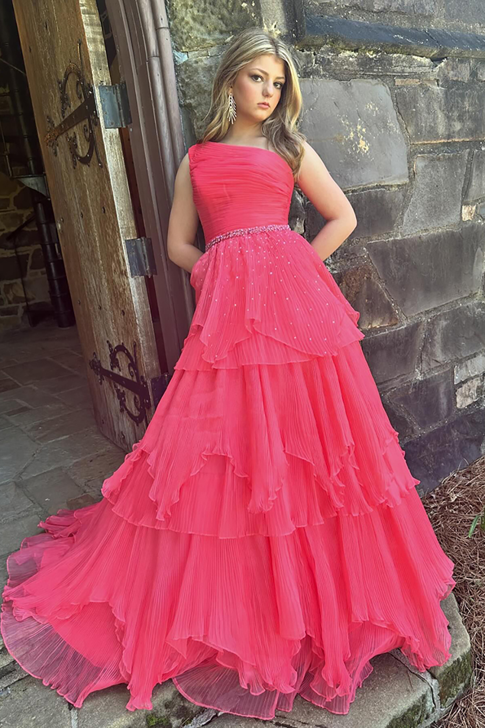 Fuchsia Princess One Shoulder Ruched Tulle Tiered Long Corset Prom Dress with Beading