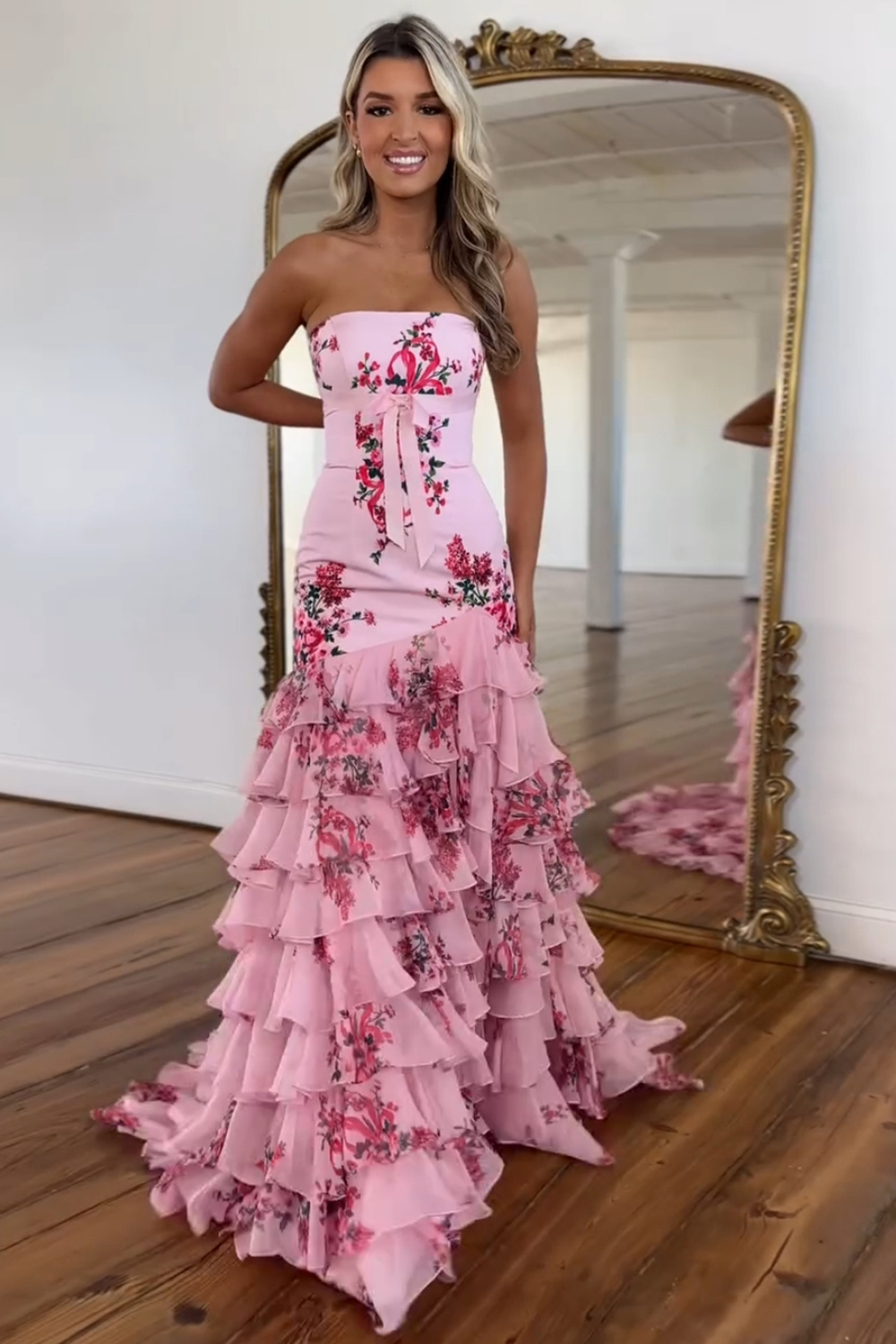 Pink Floral Printed Strapless Mermaid Chiffon Tiered Long Prom Dress 