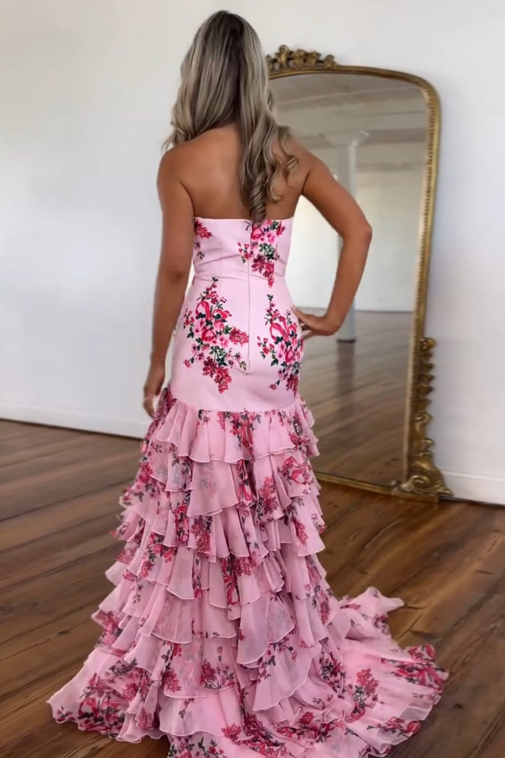 Pink Floral Printed Strapless Mermaid Chiffon Tiered Long Prom Dress 
