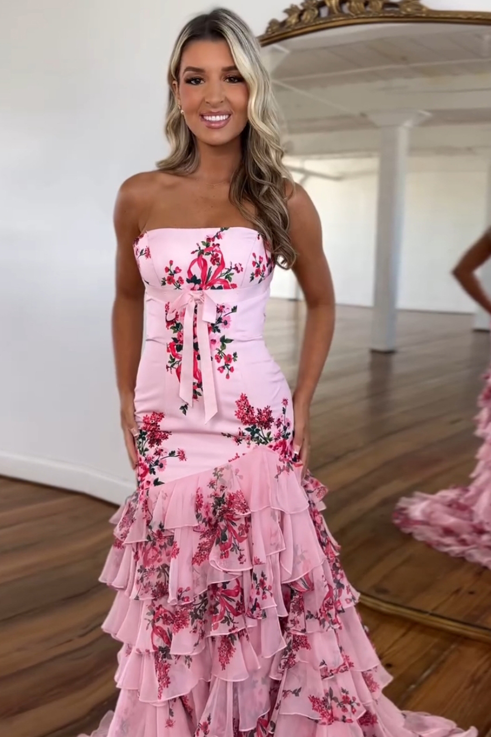 Pink Floral Printed Strapless Mermaid Chiffon Tiered Long Prom Dress 