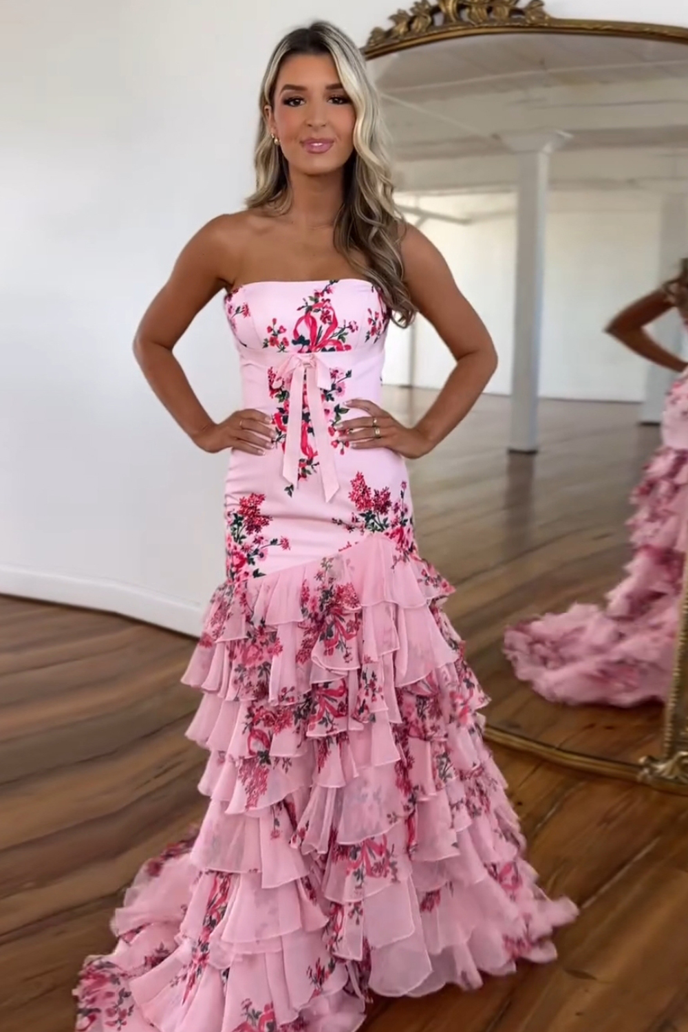 Pink Floral Printed Strapless Mermaid Chiffon Tiered Long Prom Dress 