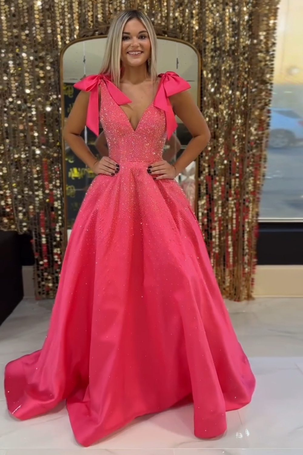 Glitter Fuchsia Princess Deep V-neck Satin Long Prom Dress with Beading