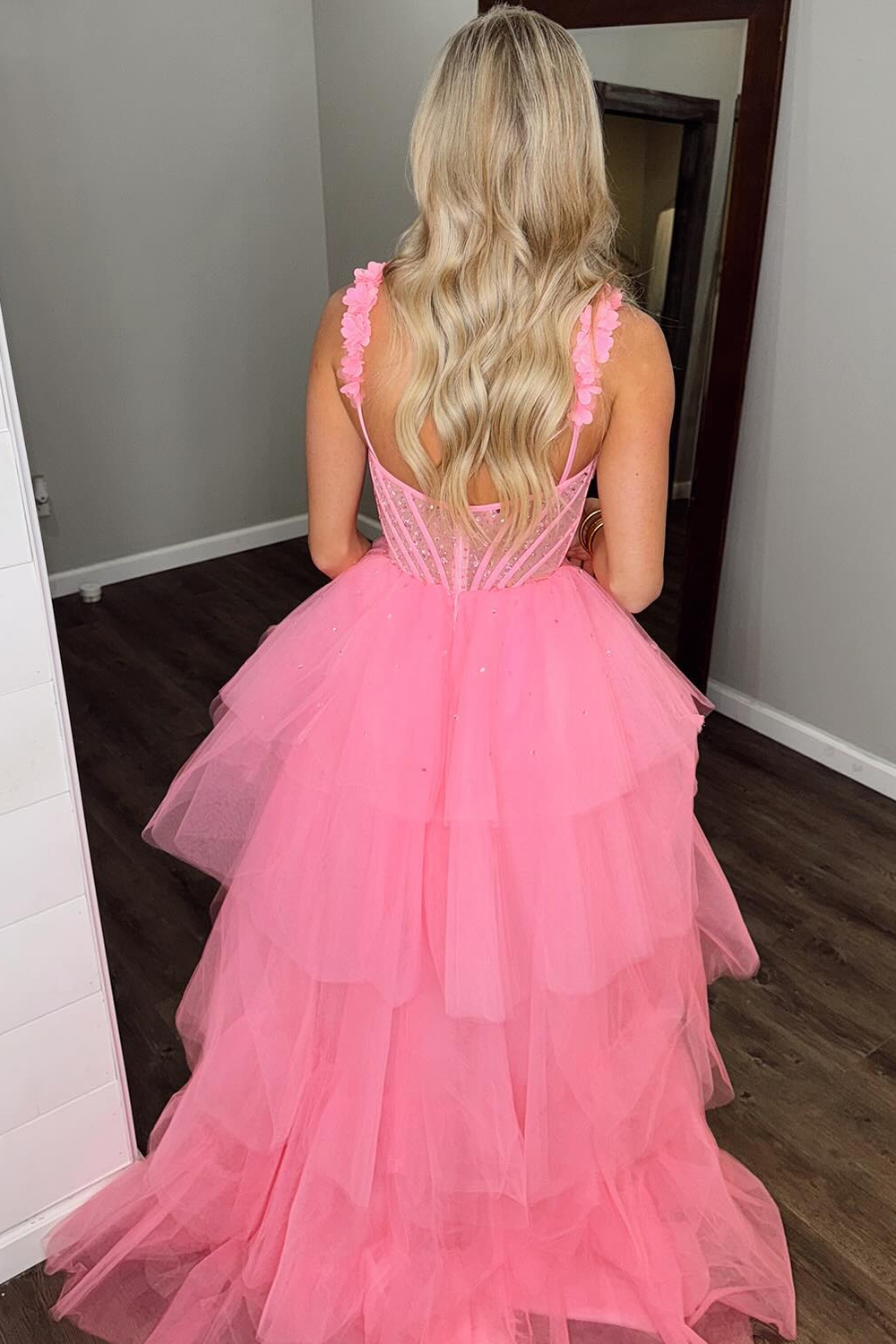 Sparkly Pink Spaghetti Straps Princess Tulle Tiered Long Prom Dress with Appliques