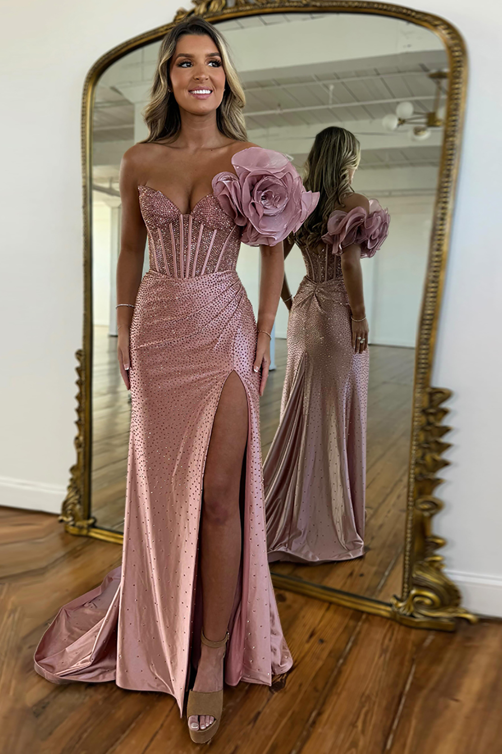 Navy Mermaid One Shoulder Beaded Long Corset Prom Dress with Slit