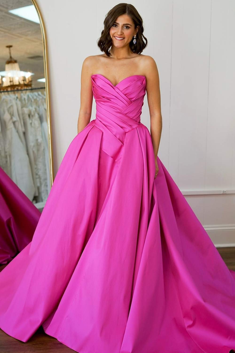Fuchsia Princess Sweetheart Satin Ruched Long Prom Dress 