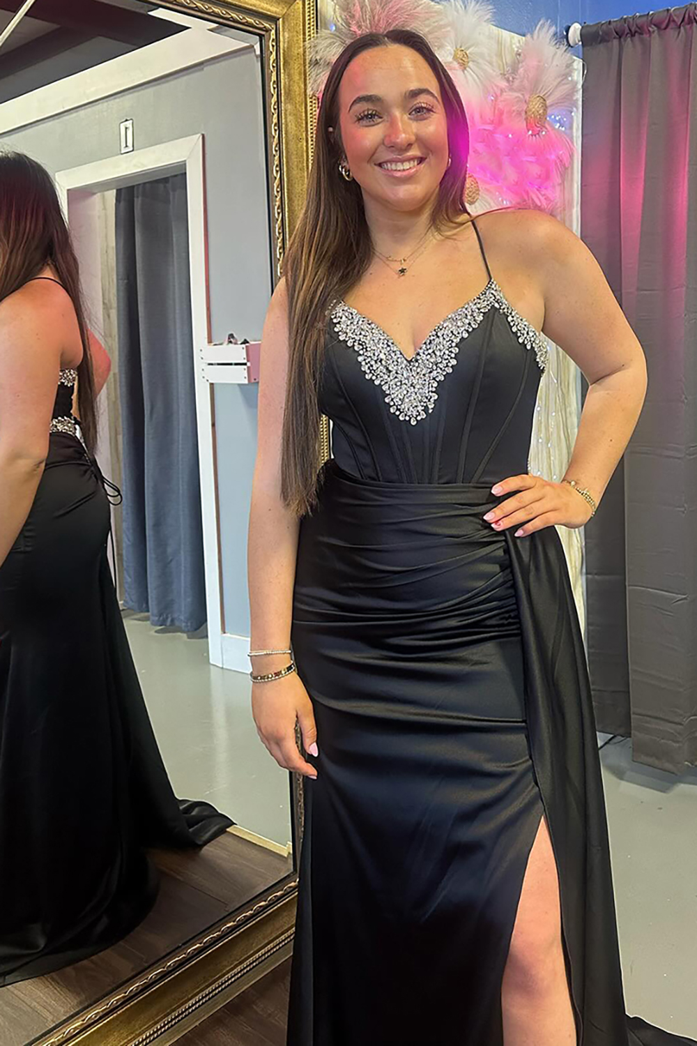 Black Spaghetti Straps Satin Mermaid Long Corset Prom Dress with Beading