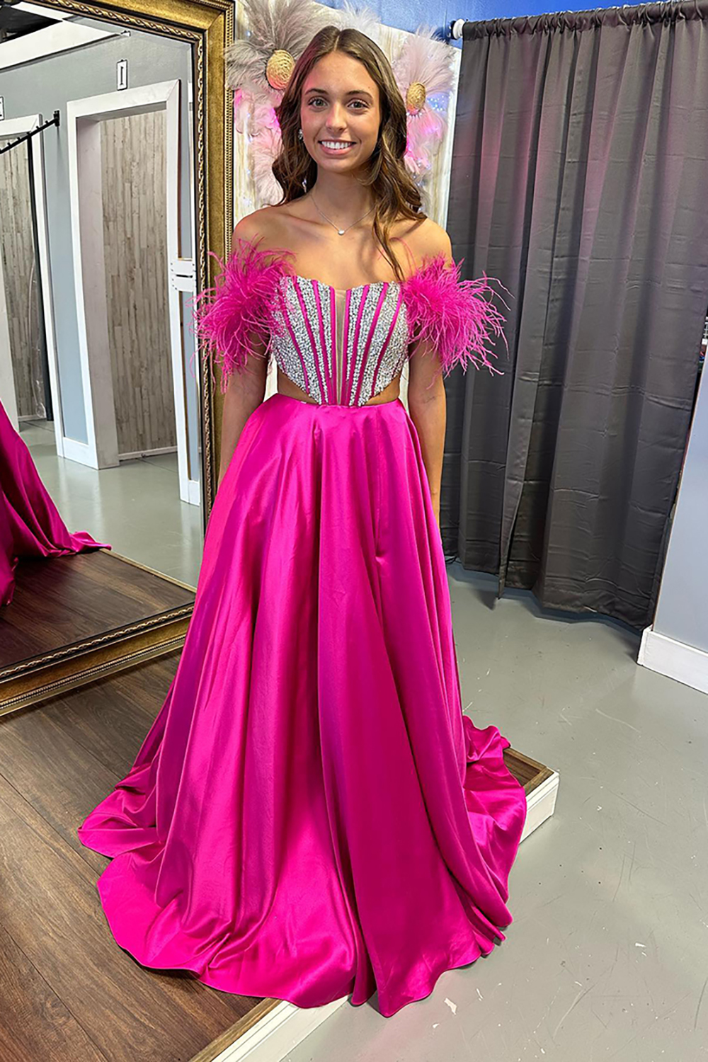 Fuchsia Beaded Off The Shoulder Satin Cut-out Long Corset Prom Dress with Feather