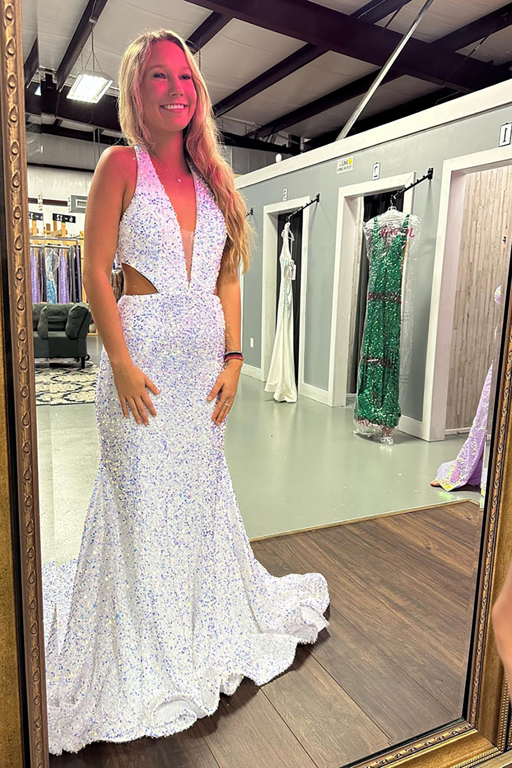 Sparkly White Halter Neck Sequin Cut-out Mermaid Long Prom Dress