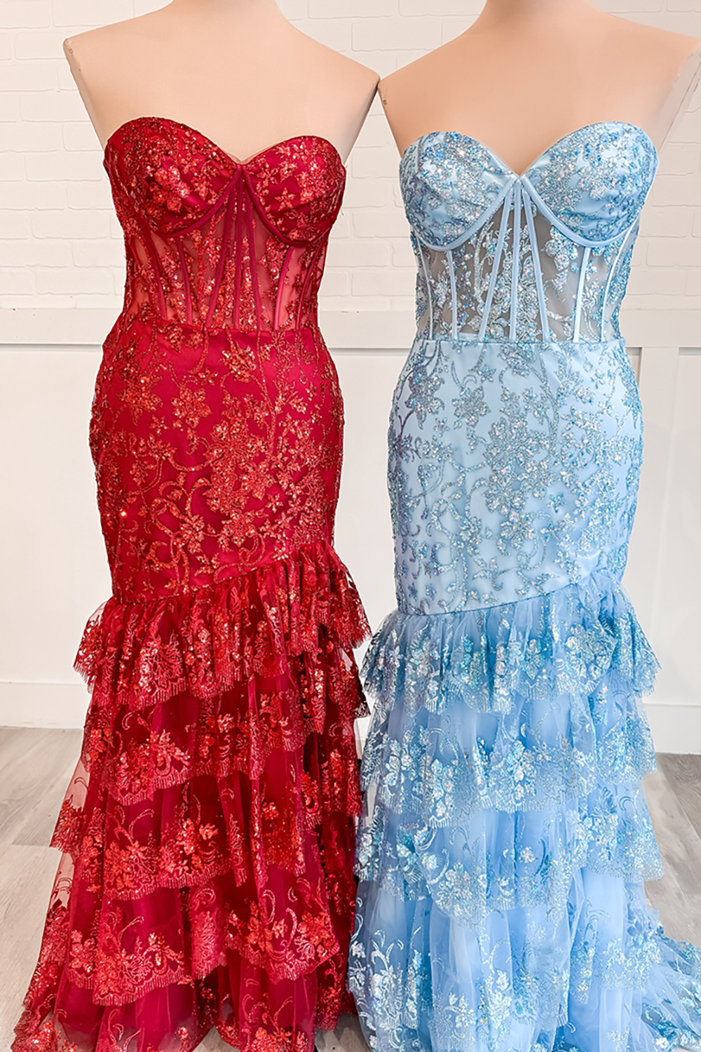 Sparkly Red Sweetheart Mermaid Tulle Tiered Long Corset Prom Dress with Appliques