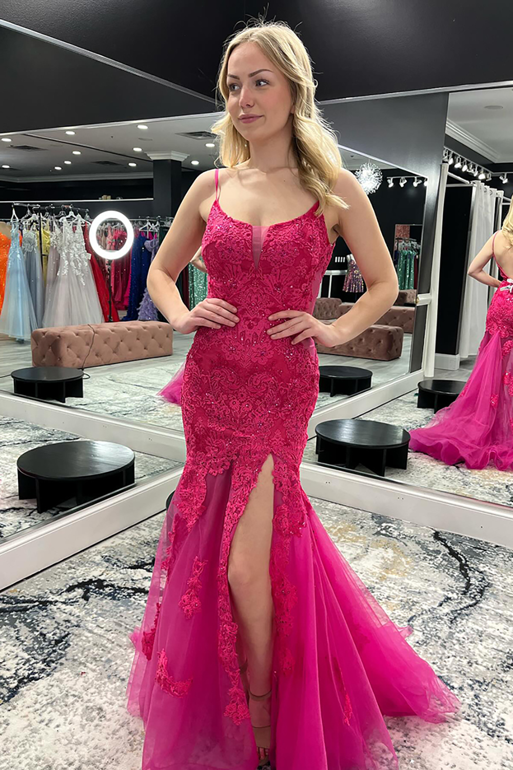 Sparkly Fuchsia Spaghetti Straps Mermaid Tulle Tiered Long Prom Dress with Appliques