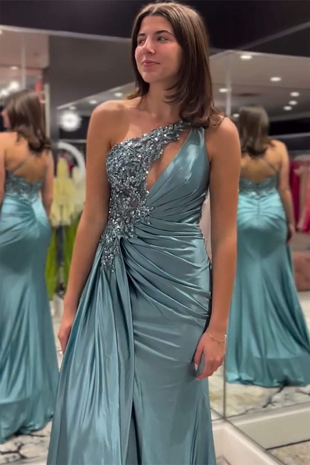 Blue One Shloulder Mermaid Satin Long Prom Dress with Appliques