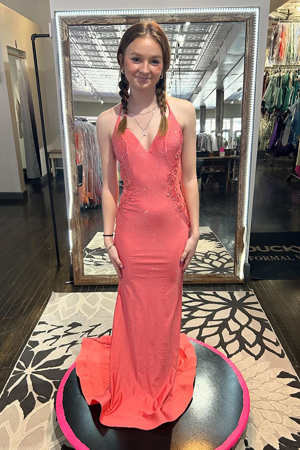 Sparkly Coral Spaghetti Straps Mermaid Beaded Long Prom Dress with Appliques