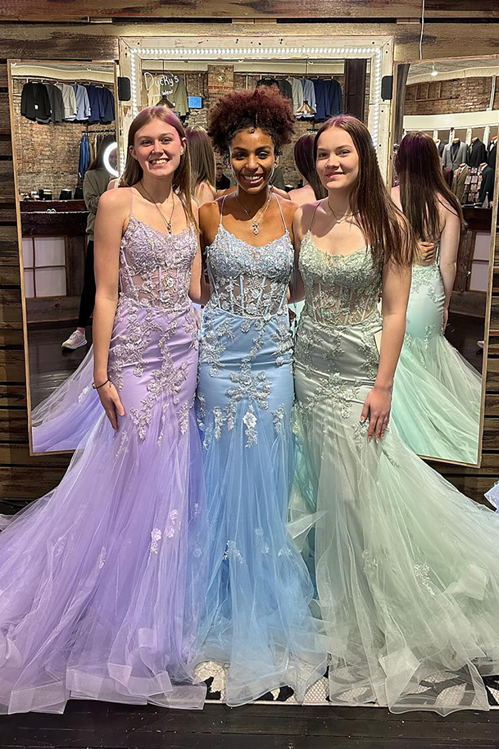 Light Blue Spaghetti Straps Mermaid Applique Tulle Long Prom Dress