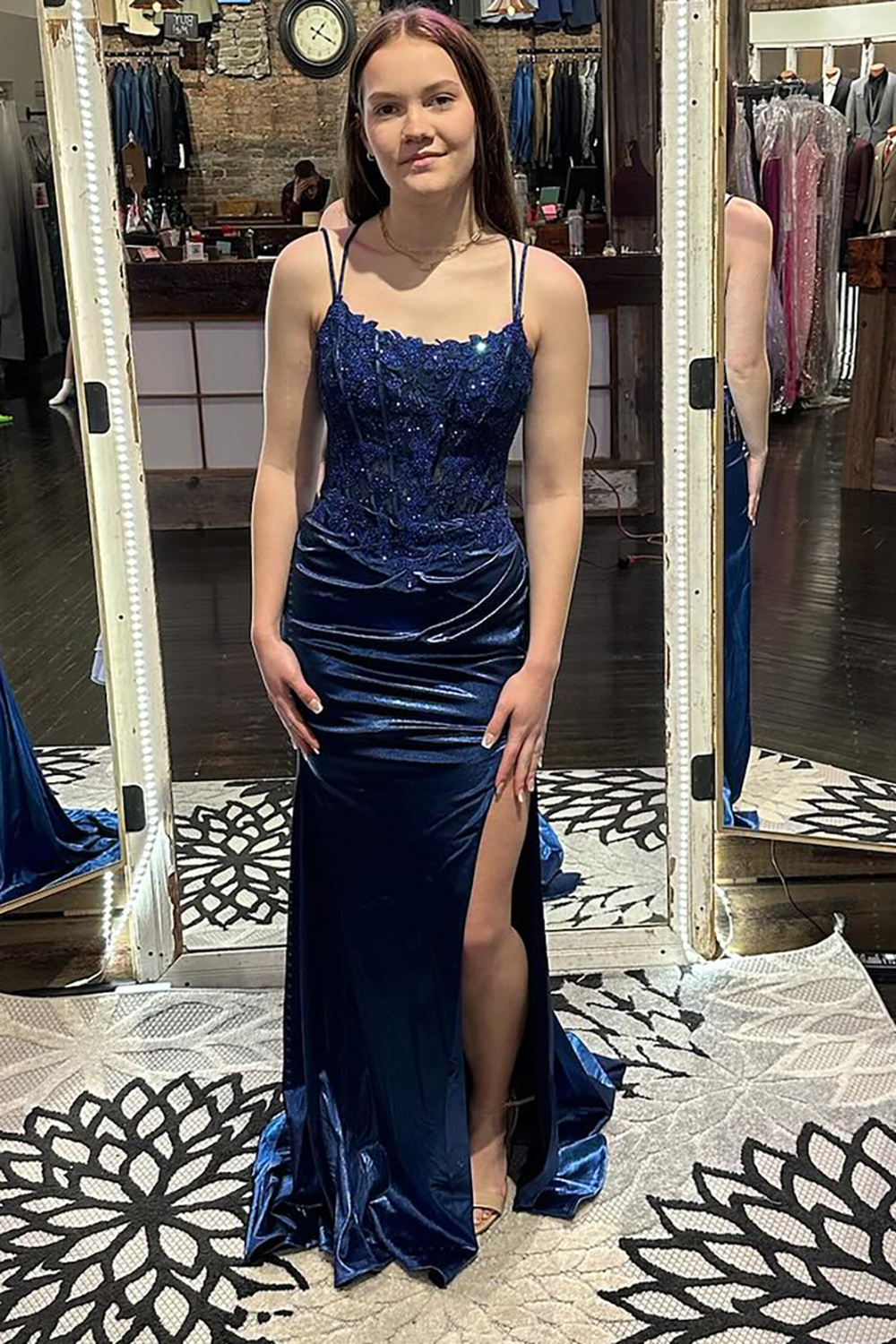 Navy Spaghetti Straps Mermaid Sequin Applique Satin Long Croset Prom Dress with Slit
