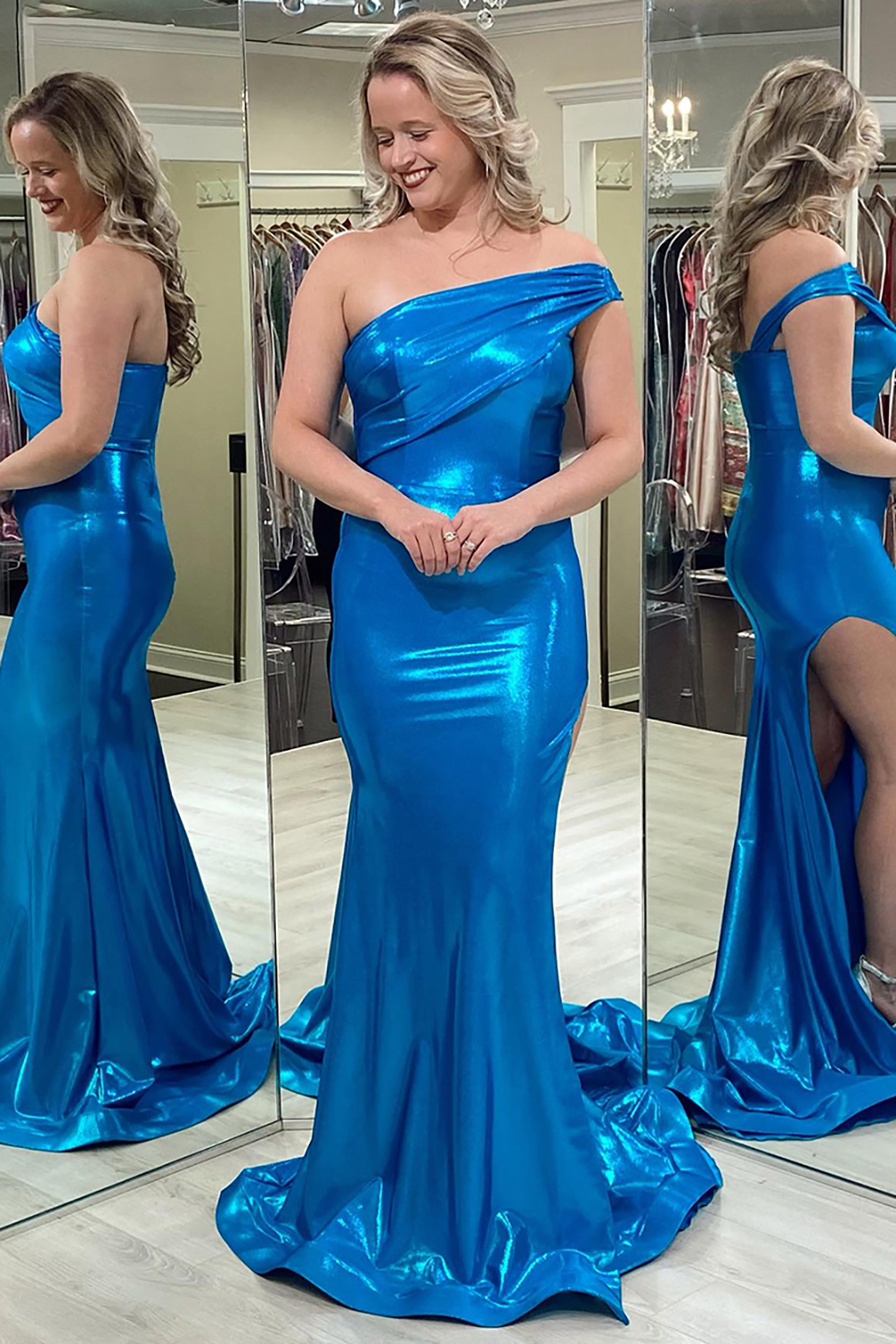 Blue Strapless Metallic Mermaid Long Prom Dress with Slit