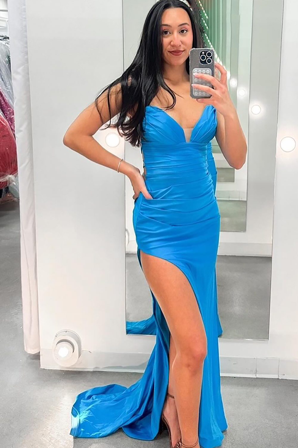 Blue Sweetheart Mermaid Satin Long Corset Prom Dress with High Slit
