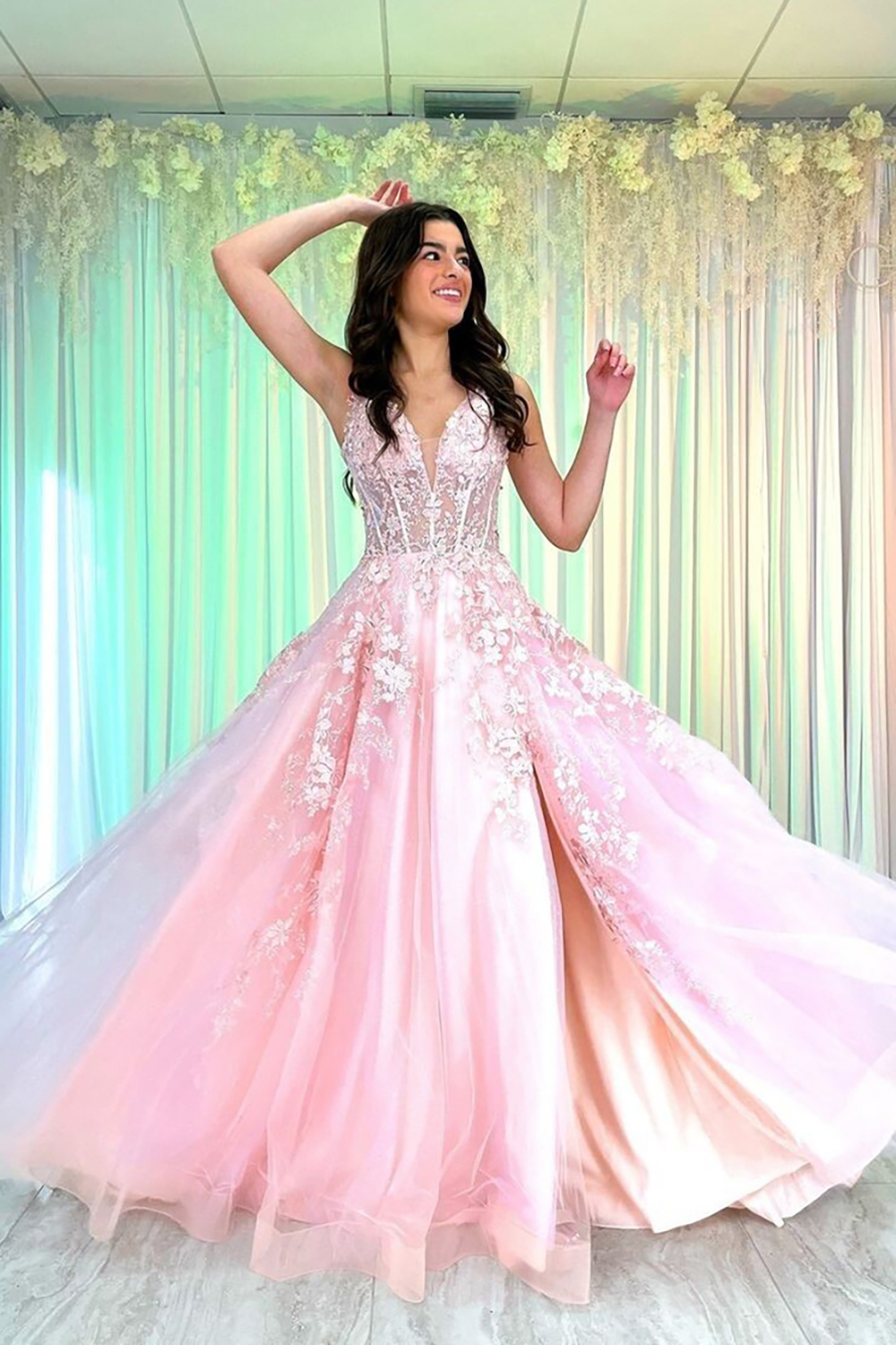 Pink Spaghetti Straps A-Line Applique Tulle Long Corset Prom Dress