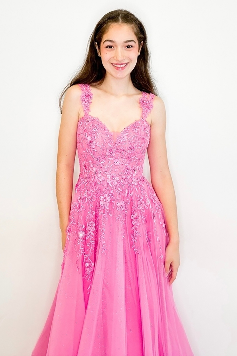 Hot Pink Spaghetti Straps A-Line Applique Tulle Long Corset Prom Dress