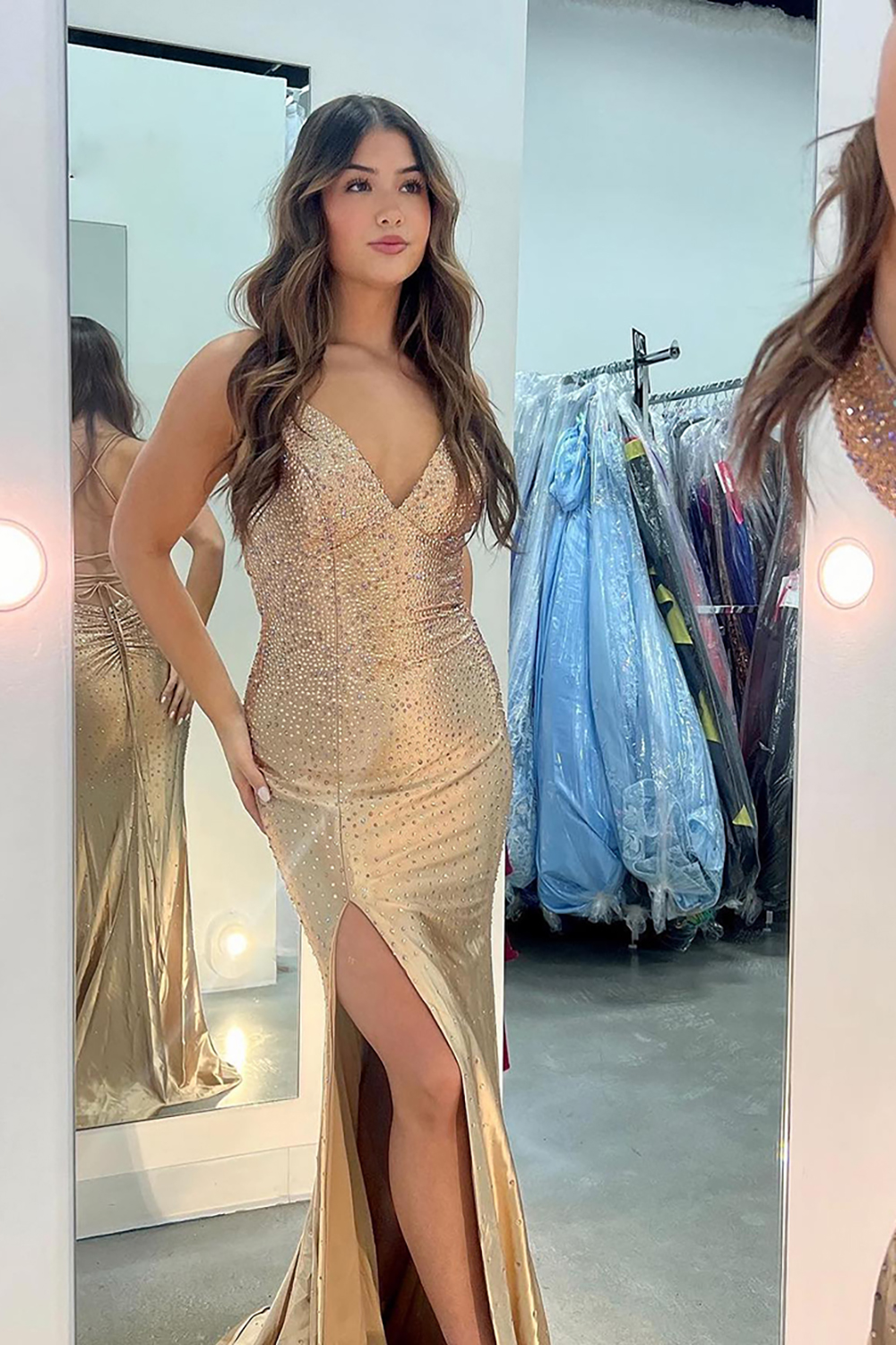 Golden Spaghetti Straps Beaded Mermaid Long Prom Dress with Slit