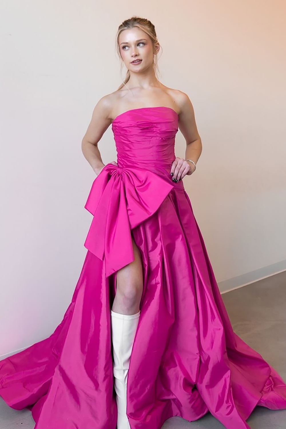 Fuchsia Strapless Princess Satin Long Prom Dress with Bow