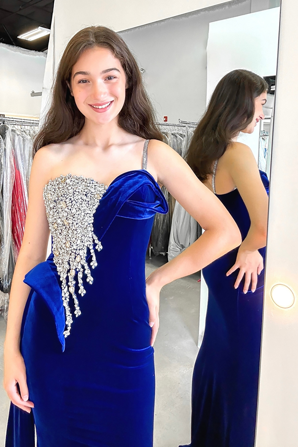 Royal Blue One Shoulder Mermaid Velvet Long Prom Dress with Rhinestones