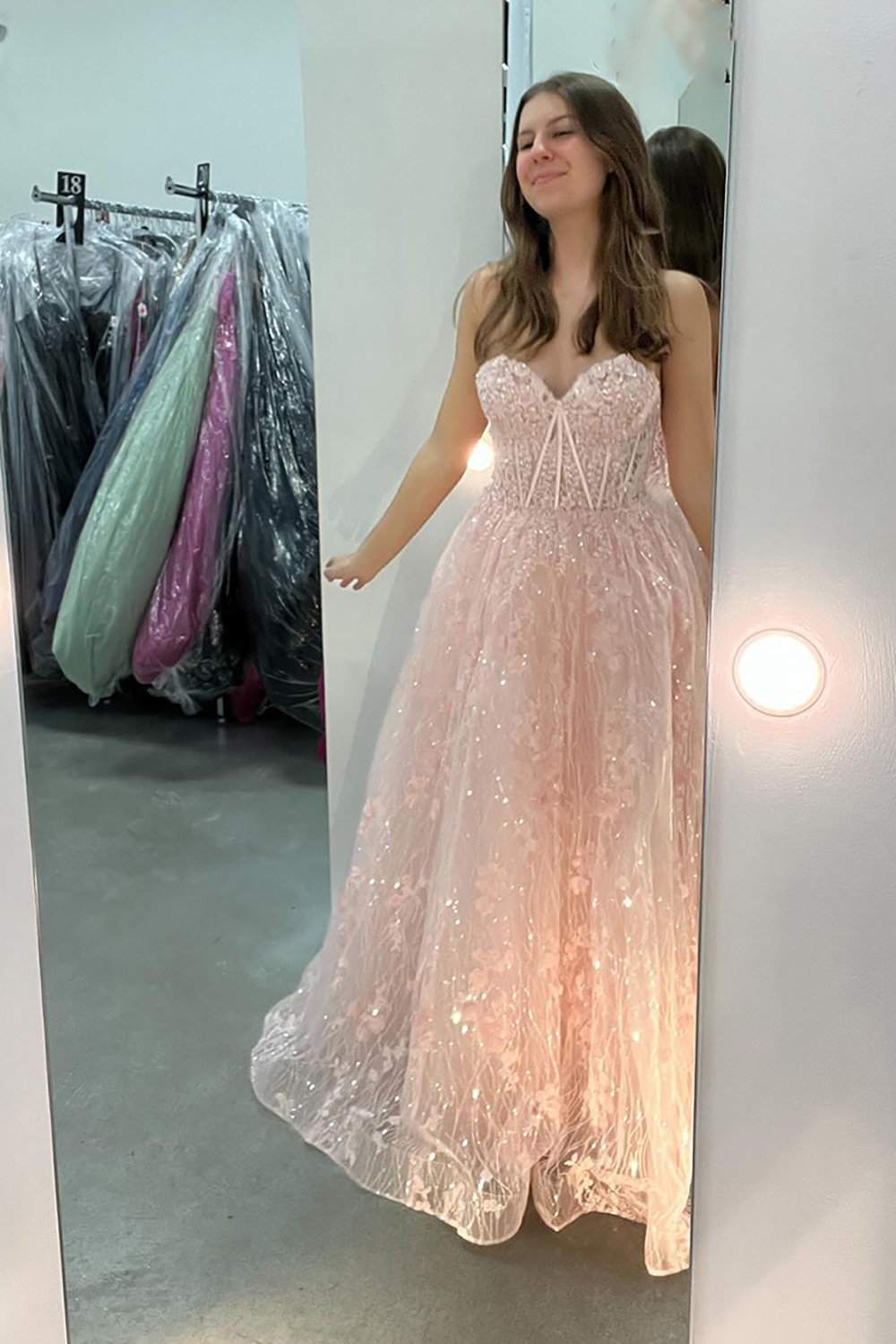 Light Pink Sweetheart Princess Tulle Long Corset Prom Dress with Appliques