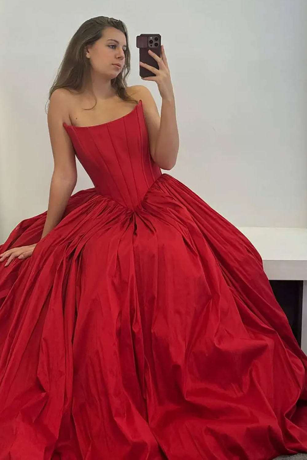 Red Strapless Princess Satin Ruched Long Corset Prom Dress