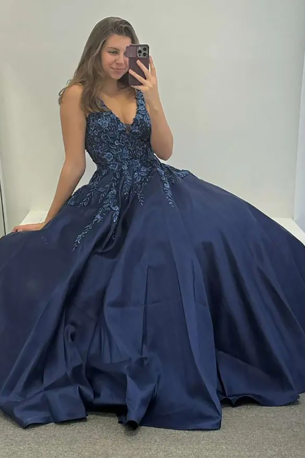Navy Ball Gown V Neck Satin Long Prom Dress with Appliques