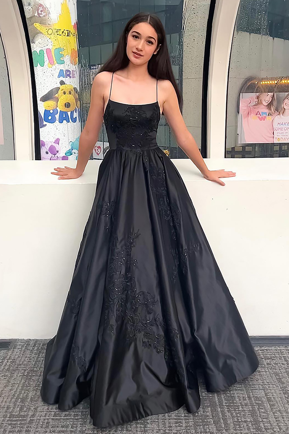 Sparkly Black Ball Gown Spaghetti Straps Satin Long Prom Dress with Appliques