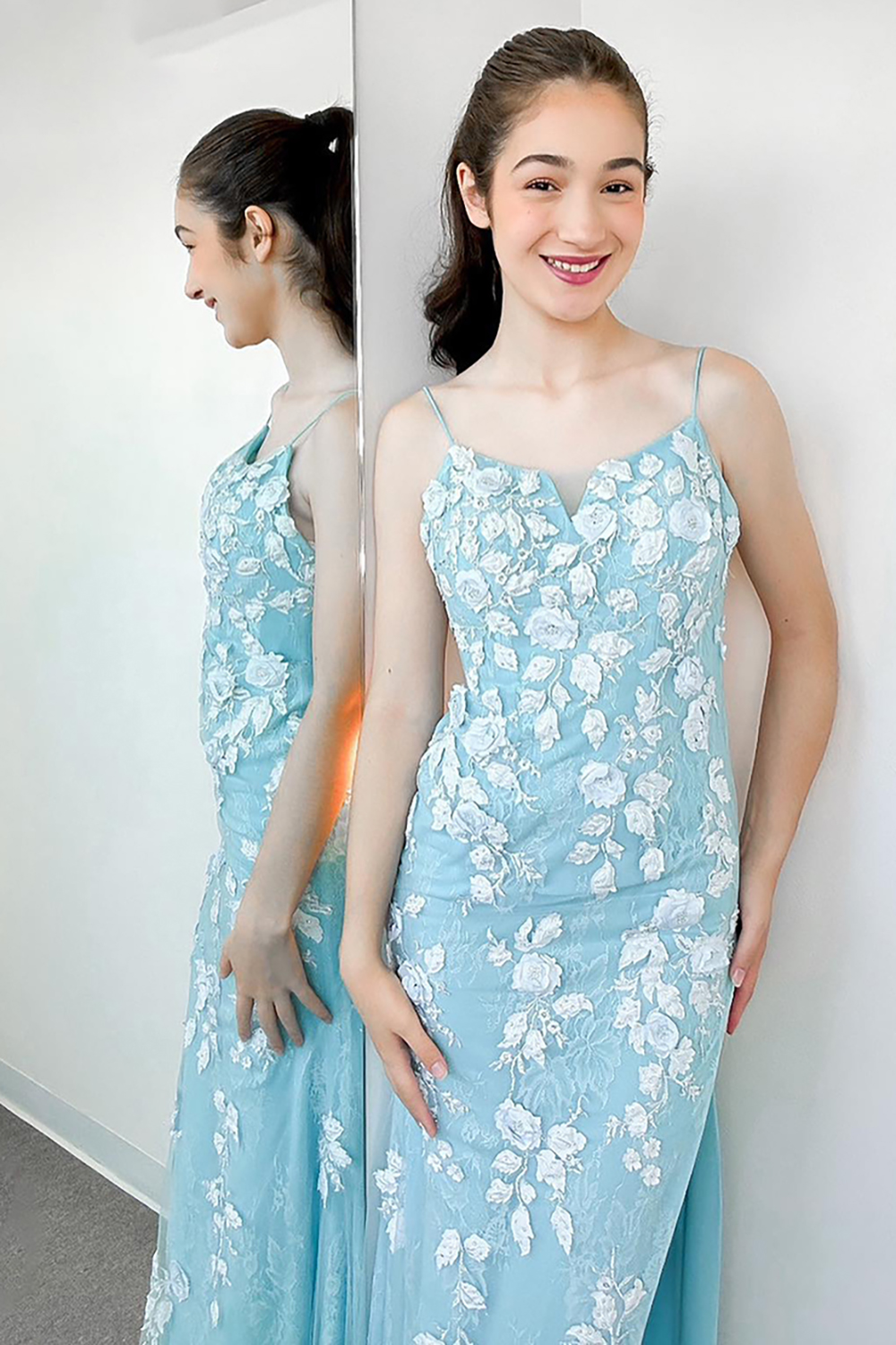 Light Green Spaghetti Strapss Mermaid Long Prom Dress with Appliques