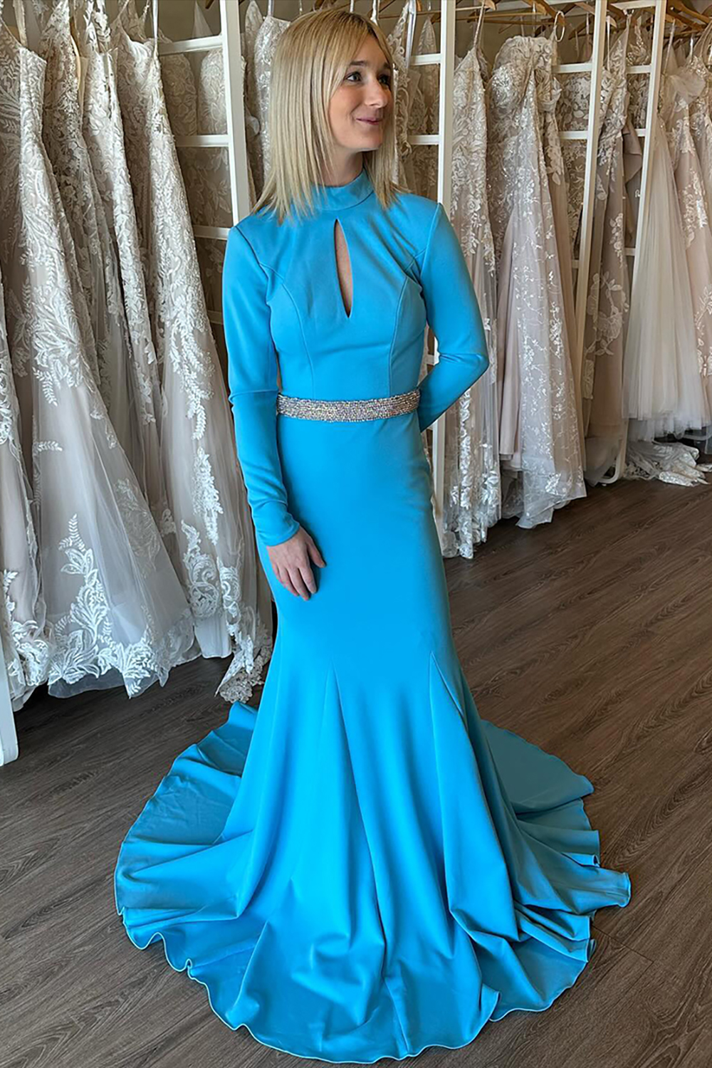Blue Round Neck Long Sleeves Mermaid Backless Long Prom Dress