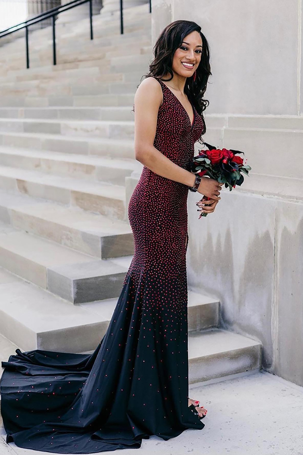 Stunning Black Burgundy V Neck Mermaid Beaded Long Prom Dress with Slit