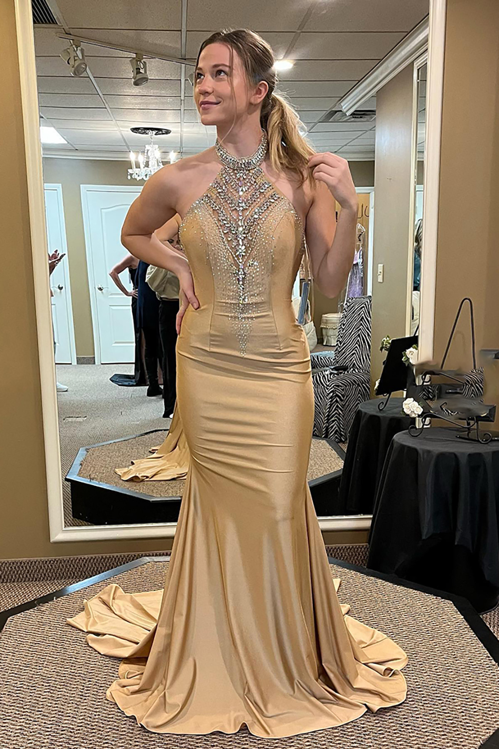 Glitter Gold Halter Neck Mermaid Long Prom Dress with Beading
