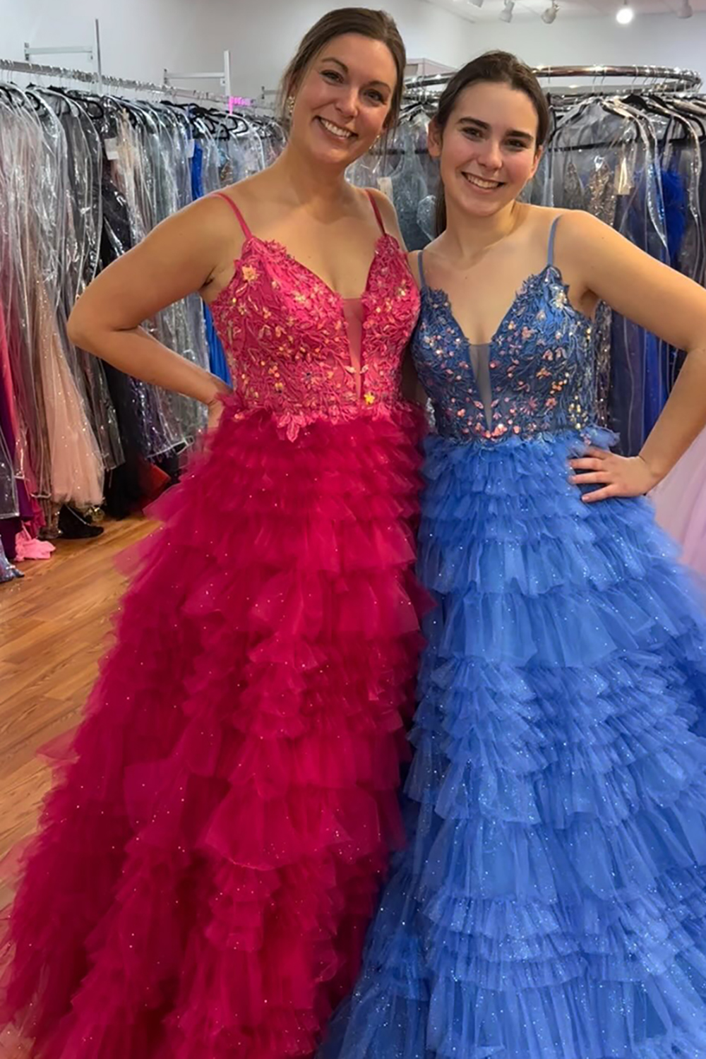 Fuchsia Princess Tulle Tiered Spaghetti Straps Long Prom Dress with Appliques