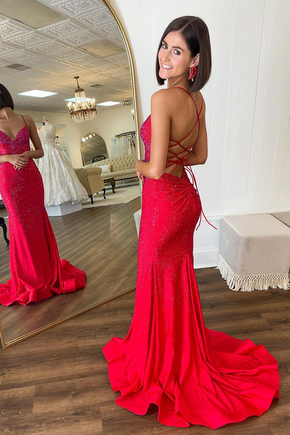 Red Mermaid Spaghetti Straps Backless Long Prom Dress with Beading