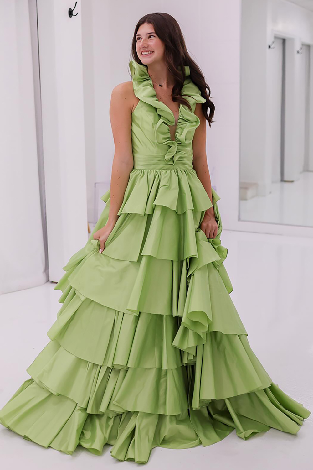 Light Green Halter Neck Princess Satin Tiered Long Prom Dress with Ruffles