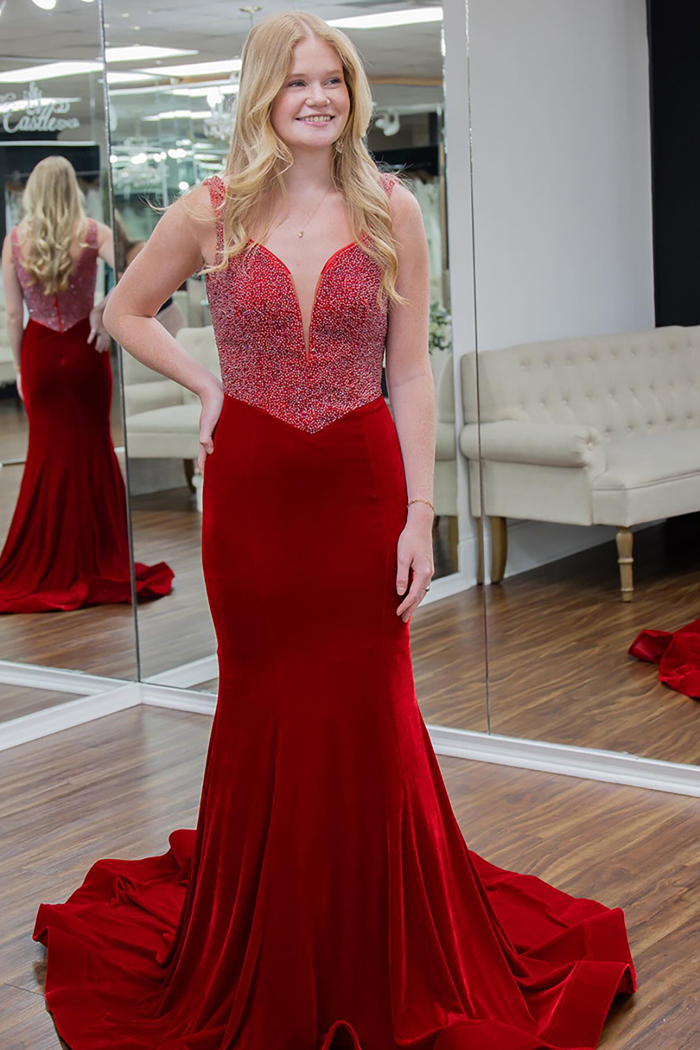 Red Spaghetti Straps Mermaid Velvet Long Prom Dress with Beading