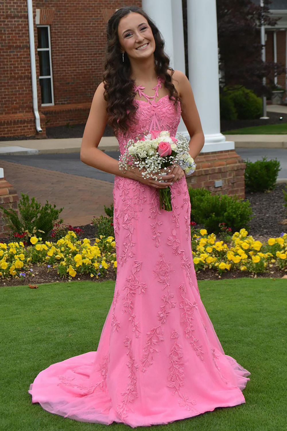 Pink Spaghetti Straps Mermaid Tulle Long Corset Prom Dress with Appliques
