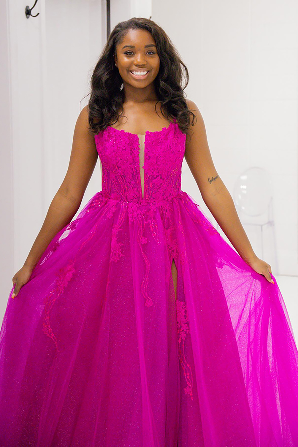 Fuchsia Spaghetti Straps Tulle Princess Long Corset Prom Dress with Appliques