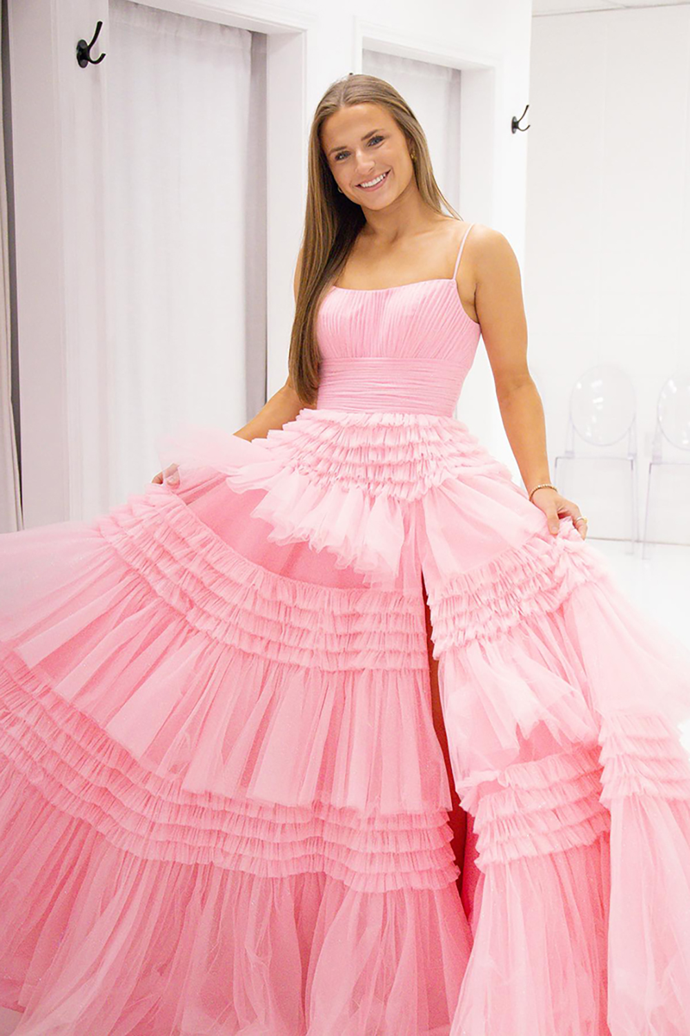 Pink Spaghetti Straps Princess Tulle Tiered Long Prom Dress with Feather