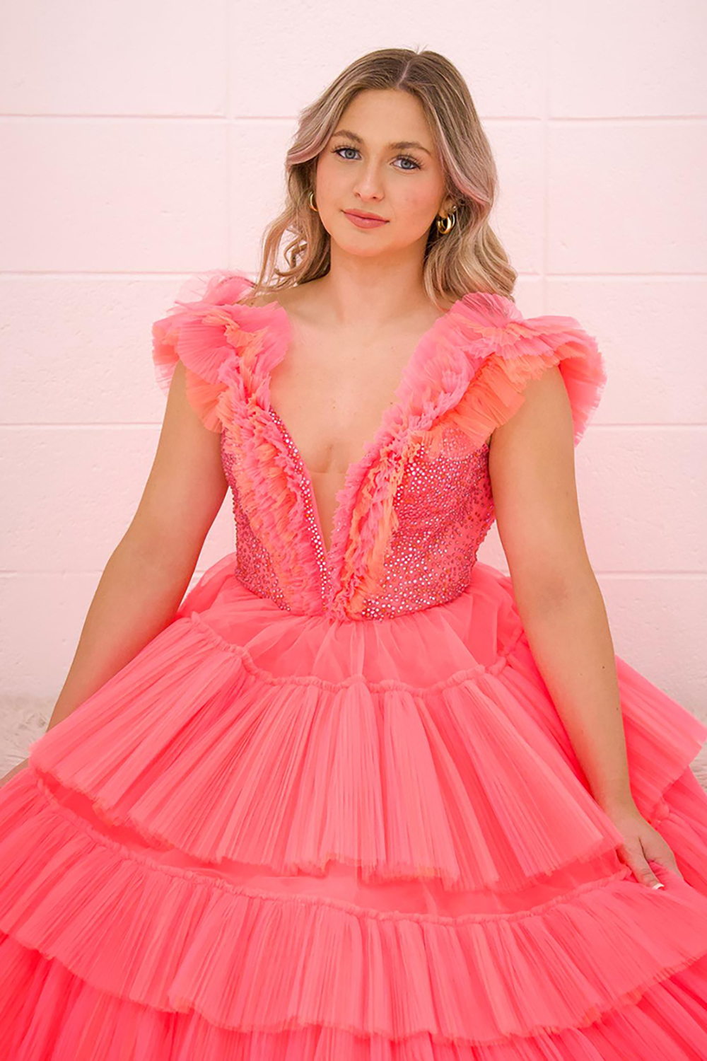 Coral Deep V-neck Princess Tulle Tiered Long Prom Dress with Beading