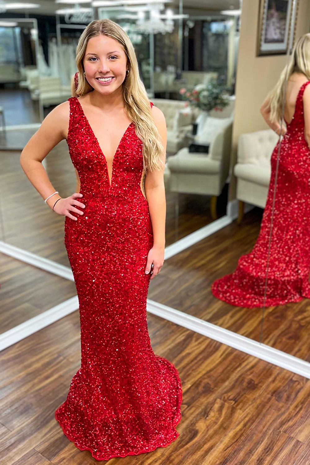 Sparkly Red Deep V-neck Sequins Mermaid Cut-out Long Prom Dress