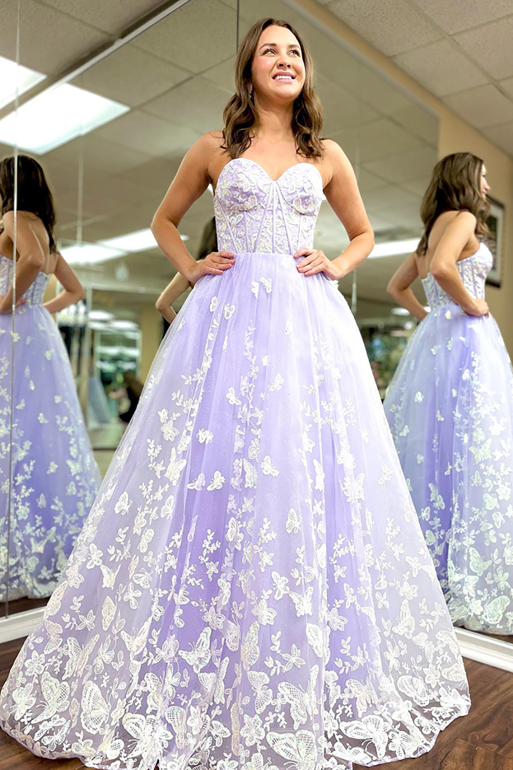 Lilac Sweetheart Princess Tulle Embroidery Long Corset Prom Dress with Appliques