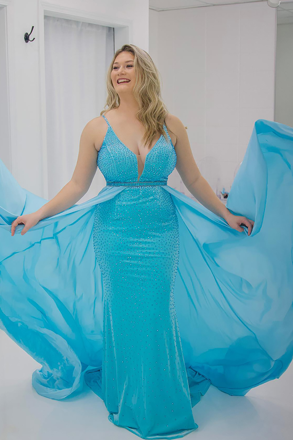 Glitter Sky Blue Sapghetti Straps Mermaid Beaded Long Prom Dress with Waist Cape