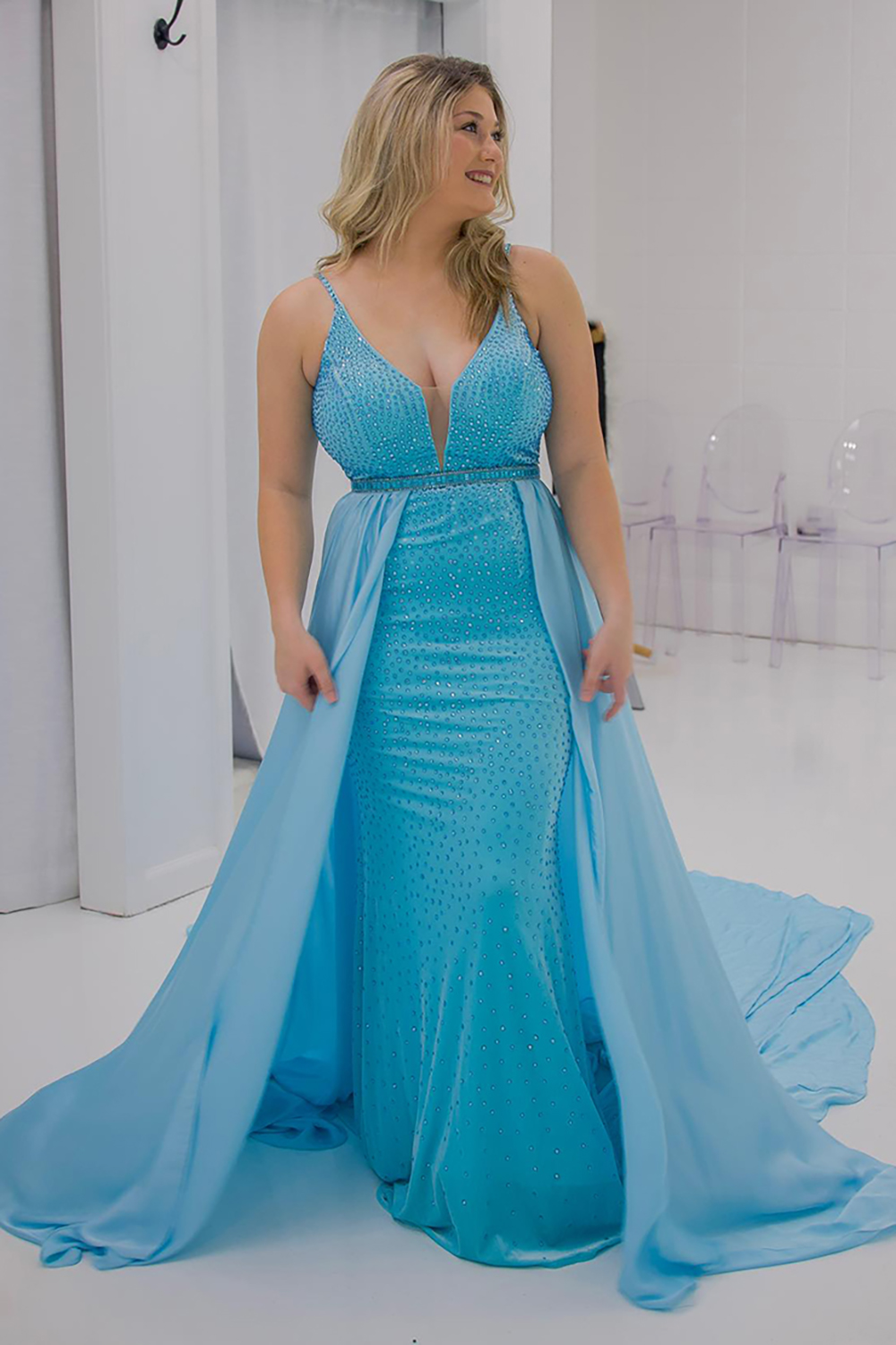 Glitter Sky Blue Sapghetti Straps Mermaid Beaded Long Prom Dress with Waist Cape