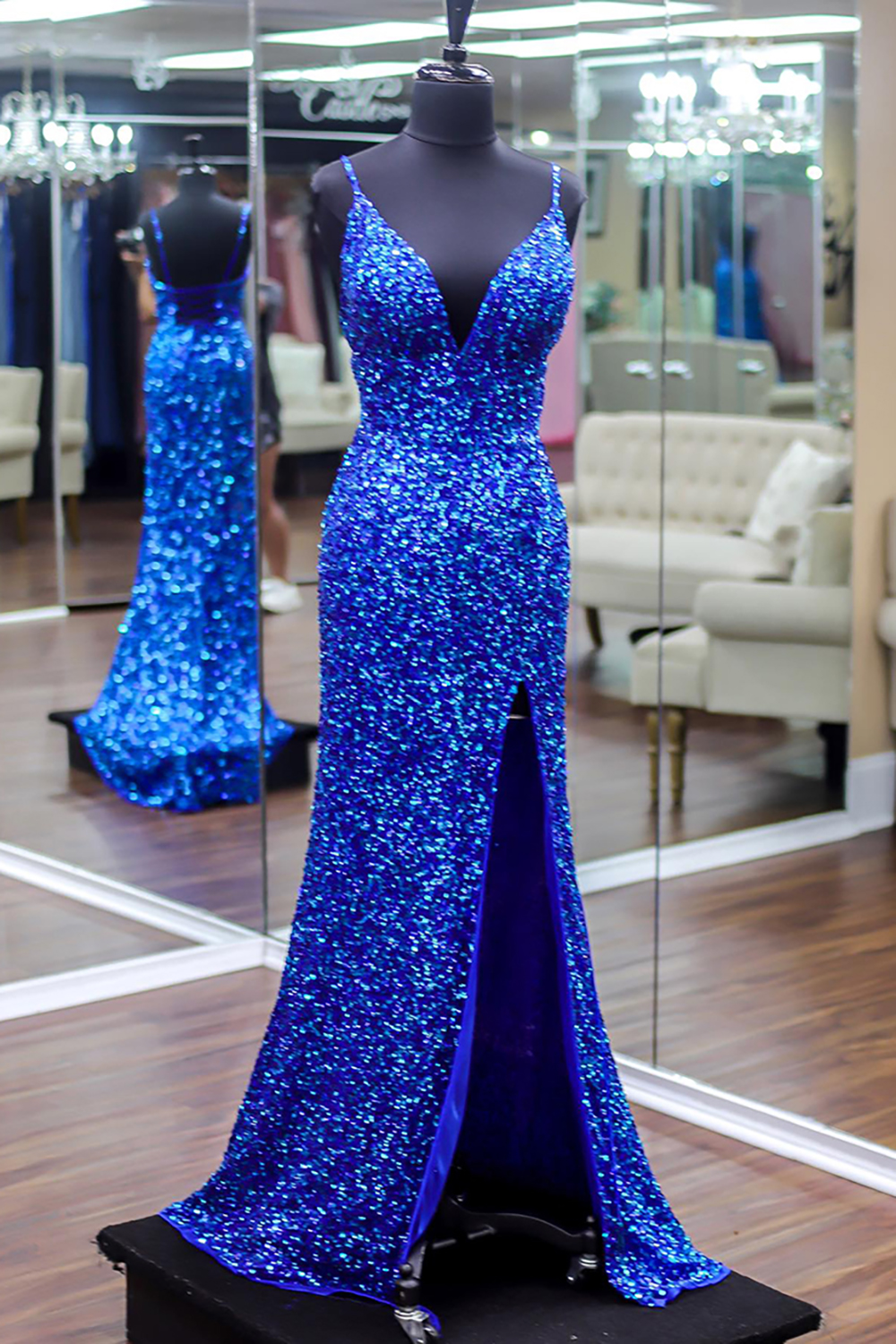Sparkly Royal Blue Sequins Sapghetti Straps Mermaid Long Prom Dress with Slit